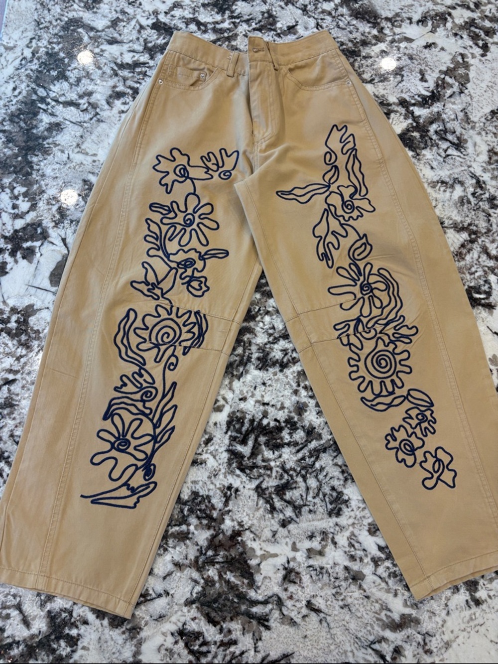 Embroidered Floral Beige Women's XS Pants
